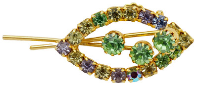 Vintage Uranium Glass Leaf Stem & Flower Brooch Pin Gold Tone Prong-Set
