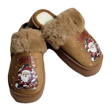 Platform Mule Style Fuzzy Faux Fur Lined Merry Christmas Women's Slippers New