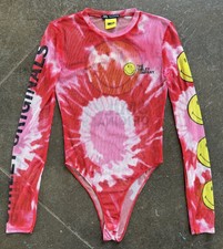 Women s ZARA Pink Tie Dye Mesh Sheer Smiley Long Sleeve Bodysuit Size S