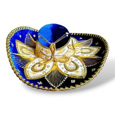 Authentic Pigalle Royal Blue And White Mexican Mariachi Sombrero With Gold Trim