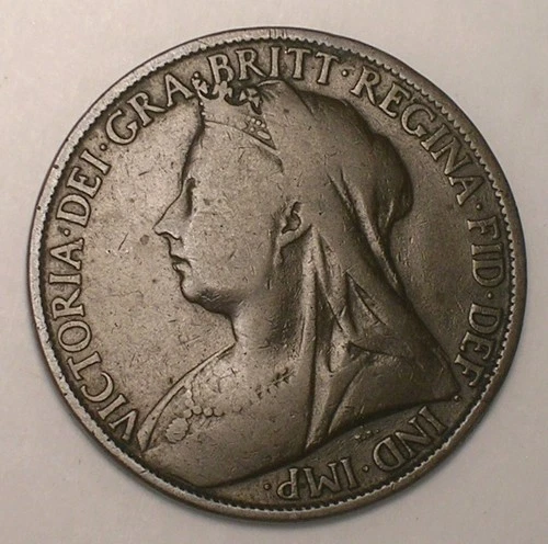 1898 UK Great Britain British One 1 Penny Old Queen Victoria Coin F+