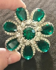 Awesome! Vintage Signed Vendome Faux Emerald Long Teardrop & Clear Stone Brooch