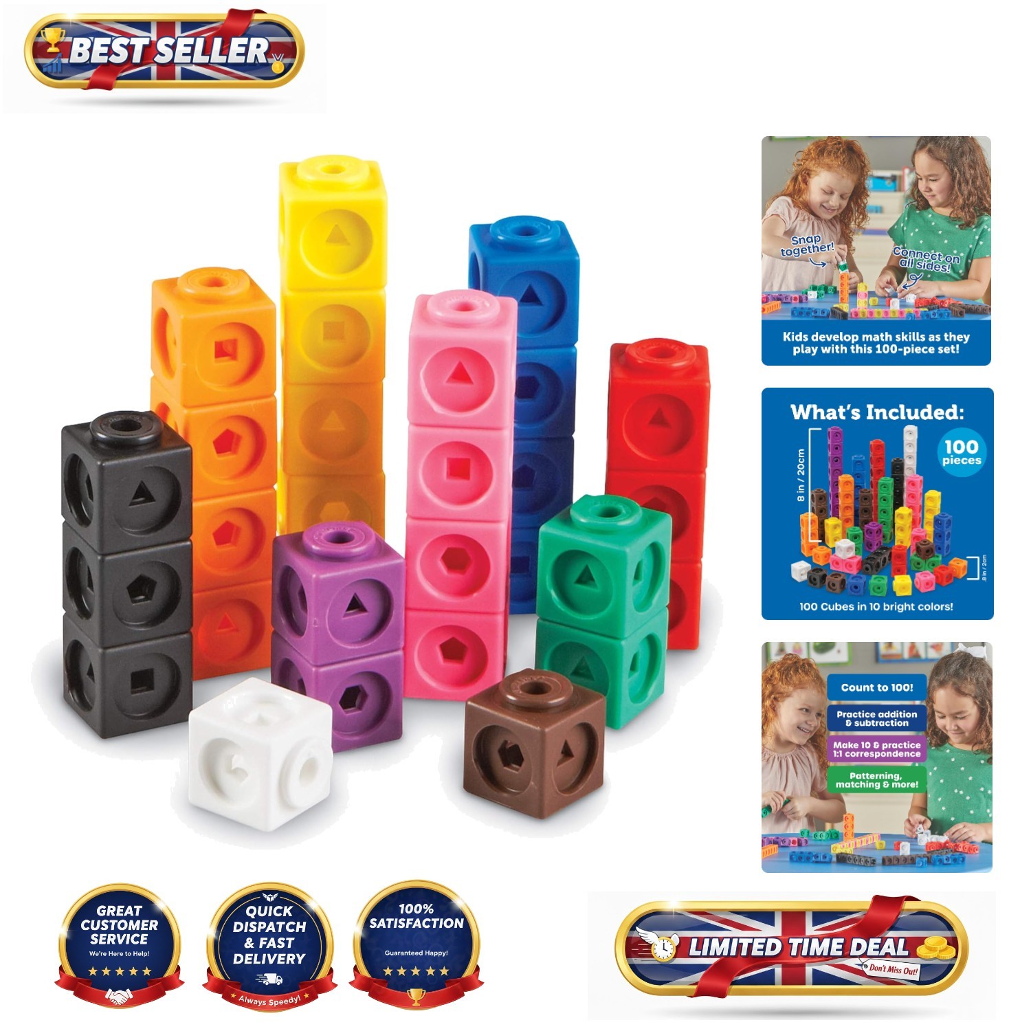 Counting Blocks for Early Maths Skills - 100 Linking Cubes for Ages 5-9 Learning
