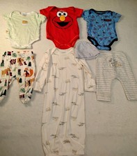 Lot Of 7 Baby Boy Clothes 0-6 Mos Bodysuits Nightgown Pants Carters Gerbers Misc