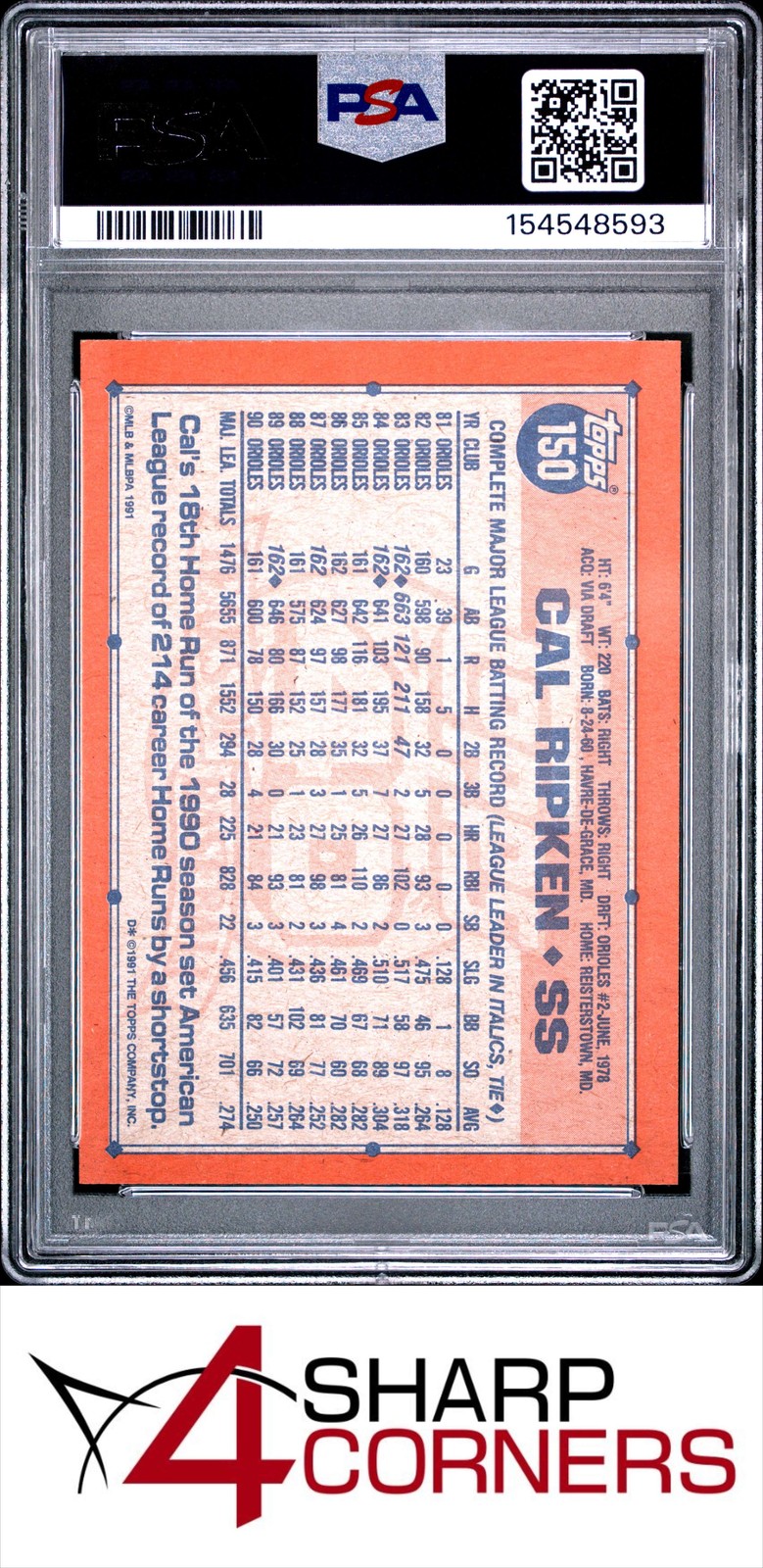 1991 TOPPS #150 CAL RIPKEN JR. ORIOLES HOF PSA 10 view 2