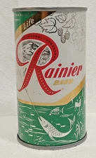 Nice Green enamel Rainier flat top Beer Can (Guy fishing)