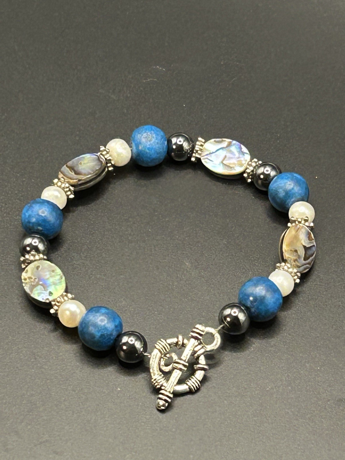Artisan Beaded Bracelet w/Abalone Pearl Hematite Blue Silver Tone