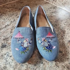 J McLaughlin Jax embroidered denim flats Monkey with umbrella Rhinestone Slip On