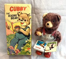 Vintage Alps Japan Wind Up Bear Cubby Reading Bear Tin Toy w Box Baby Book