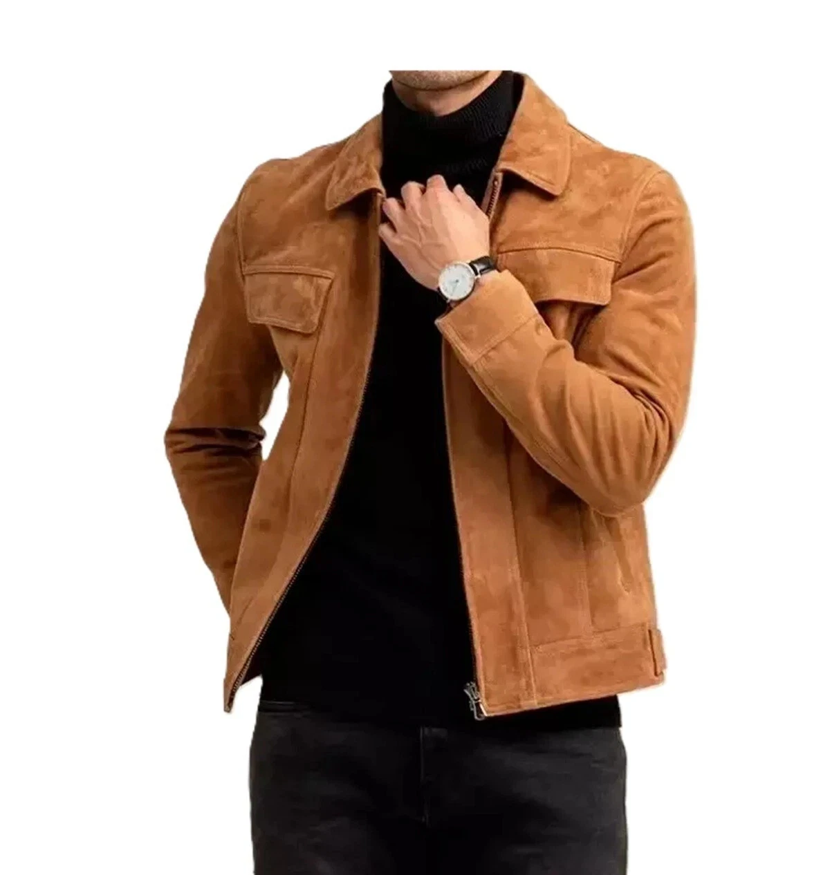 Mens Pure Suede Leather Trucker Jacket | Premium Leather Bomber Classic Jacket