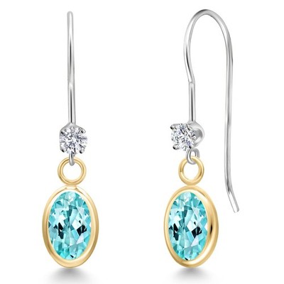 14K Two Tone Gold Blue Apatite and Lab Grown Diamond Dangle Earrings for Women
