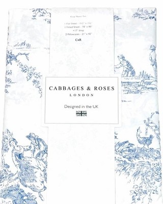 French Blue Country Toile King Cotton Percale Sheet Set Cabbages & Roses London