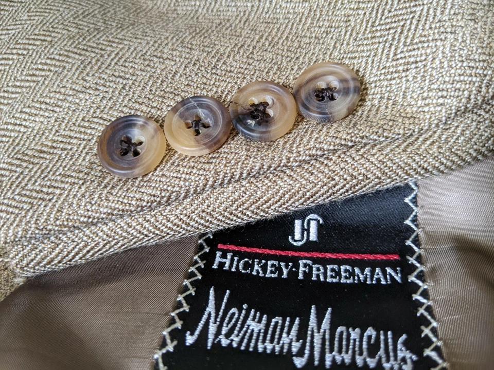 Chaqueta Blazer 44L Hickey Freeman Doble Pecho LANA DE SEDA Vicuña Marrón Tweed Foto 2 de 4