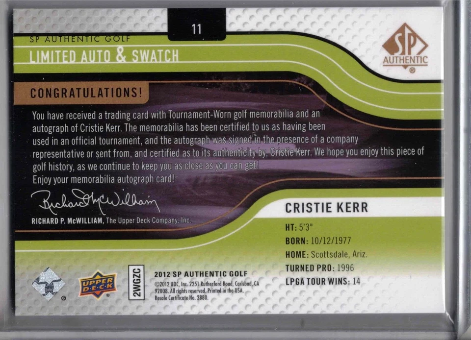2012 UD SP Authentic LPGA golf Cristie Kerr Limited auto & swatch /25 card #11 - Image 2 of 2