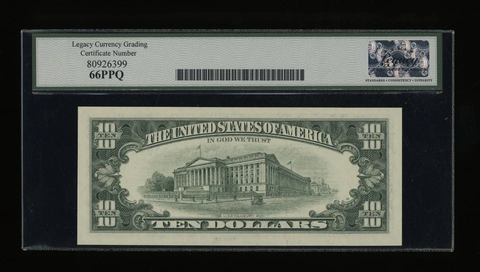 DBR 1995 $10 FRN New York Fr. 2031-B Gem Legacy 66 PPQ Serial B01764105A - Image 2 of 2