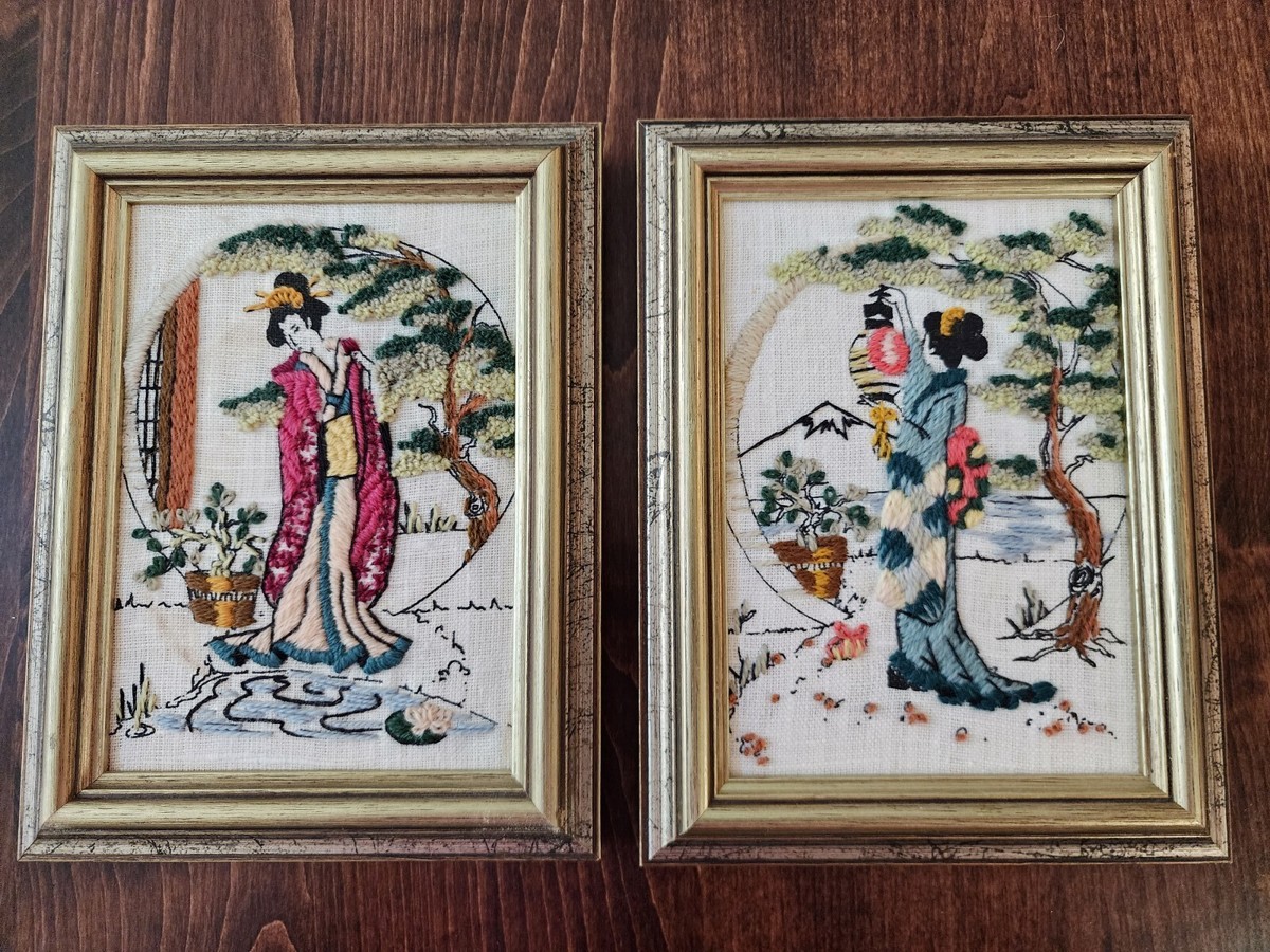 Lot - 2 Vintage 80s Oriental Pond Crewel Embroidery design by Pat