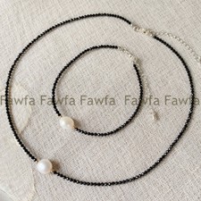 Faceted 3mm Black Spinel Gems Genuine 9-10mm White Pearl Necklace Bracelet Set
