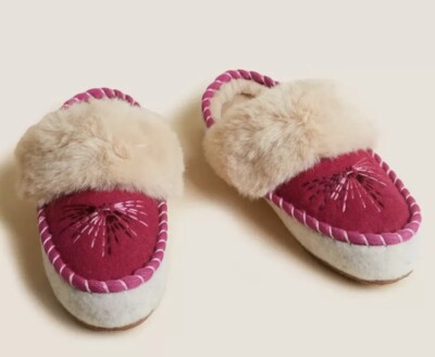 M&S Ladies Mule Slippers, Faux Fur, Embroidery, Pink, UK Size
