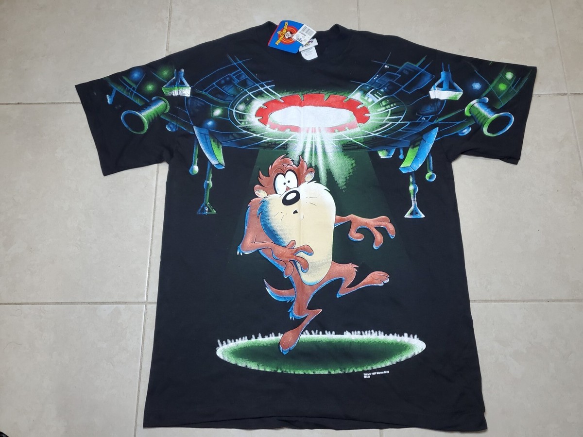 NWT VTG 1997 Looney Tunes Taz UFO Rejected All Over Print T NWT VTG 1997 Looney Tunes Taz UFO Rejected All Over Print T