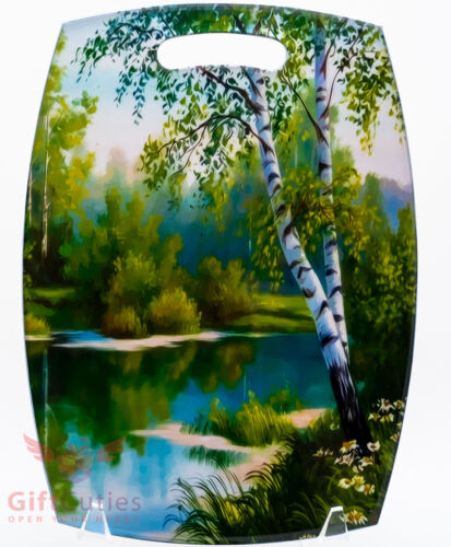 Holzkäseschneidebrett Souvenir Sommerwald Fluss & Birken Bäume Handarbeit - Bild 1 von 3