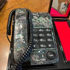 Vintage Korean Mother of Pearl Inlaid Landline Telephone Desk Set With Drawer