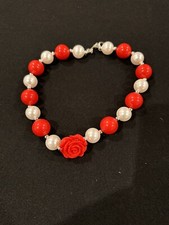 Girls Bubble Gum 17 Inch Necklace Red  White W/red Rose Pendant W/heart Clasp