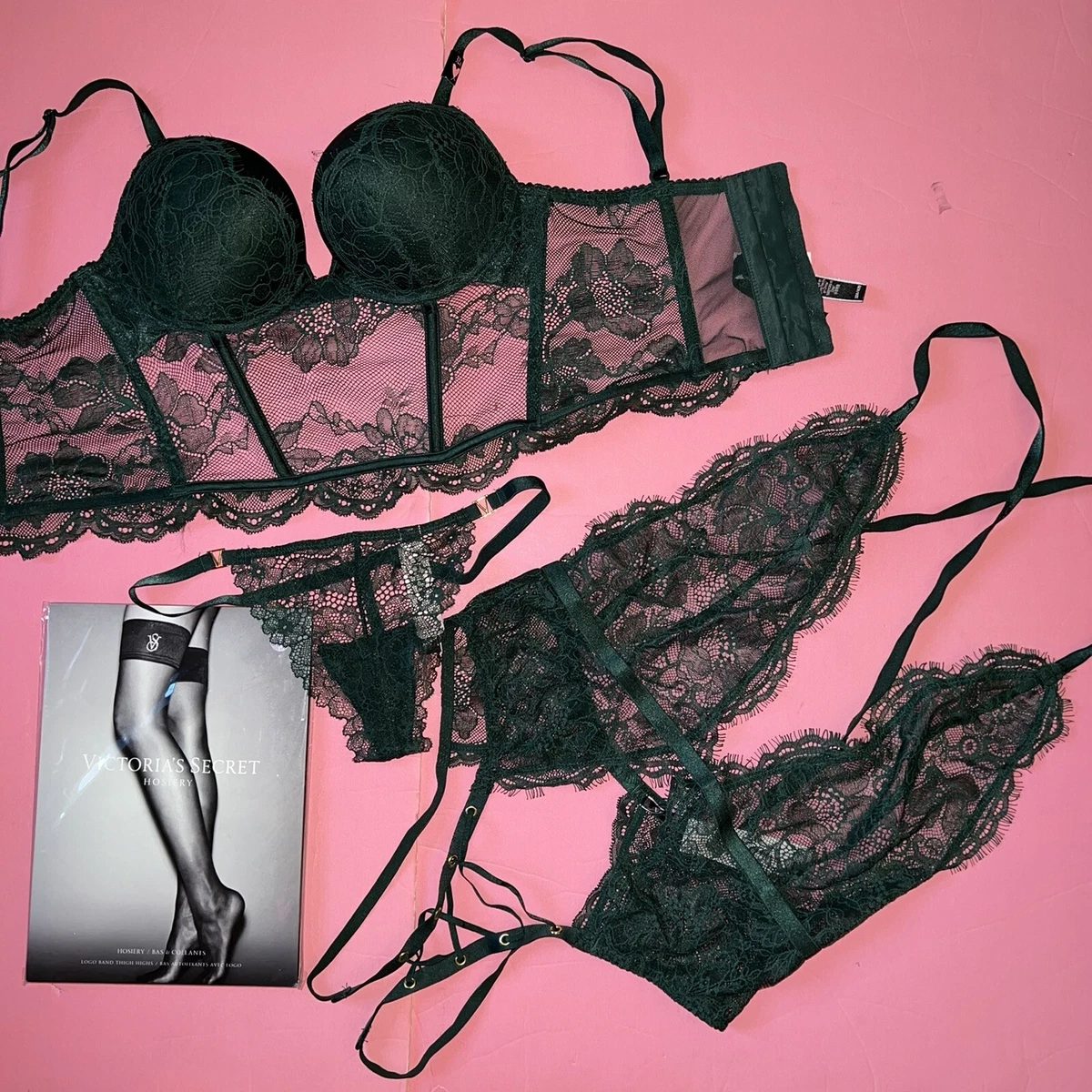 Victoria's Secret 32A BOMBSHELL BRA SET XS+s Teddy EMERALD GREEN lace  Crotchless