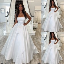 Satin Wedding Dresses Sleeveless White Beach Spaghetti Straps Ivory Bridal Gowns