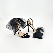 Jimmy Choo Aveline 100 Black Grosgrain Mesh Bow Asymmetric Sandals Size 36