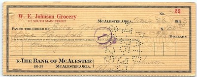 1933 W. E. Johnson Grocery $100 Check, McAlester, OK