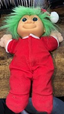 Santa Pajamas Troll Doll Green Hair Blue Eyes Plastic Face Plush