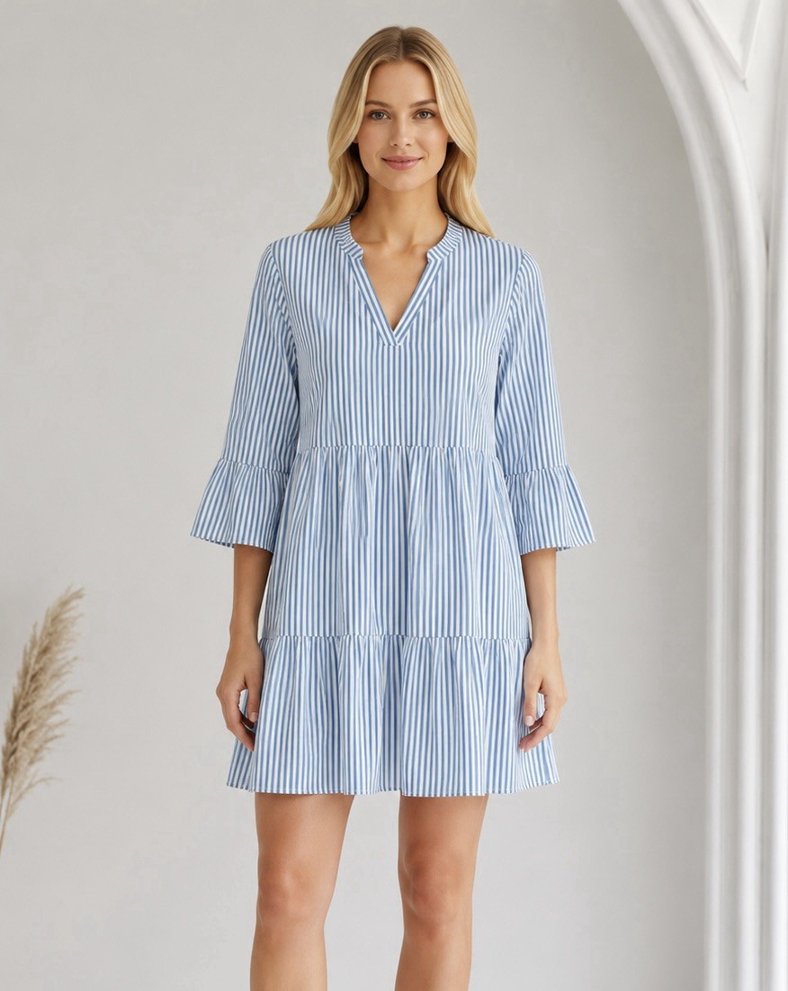 Womens Blue Stripe Bell Sleeve Tiered Mini Dress Size Small 4 Summer Chic
