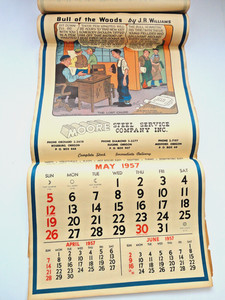 RARE BULL OF THE WOODS J R WILLIAMS CALENDAR 1957 MOORE STEEL CO EUGENE OREGON