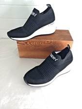 DKNY Women  s Wedge Sneakers Black Knit Platform Slip On Shoes Size 8.5