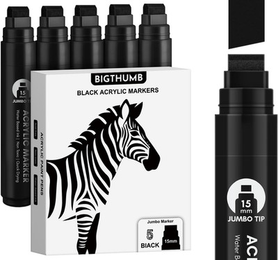 Black Poster Markers Jumbo: 5 Pcs 15Mm Wide Tip Thick Acrylic Paint Pen Large Pe