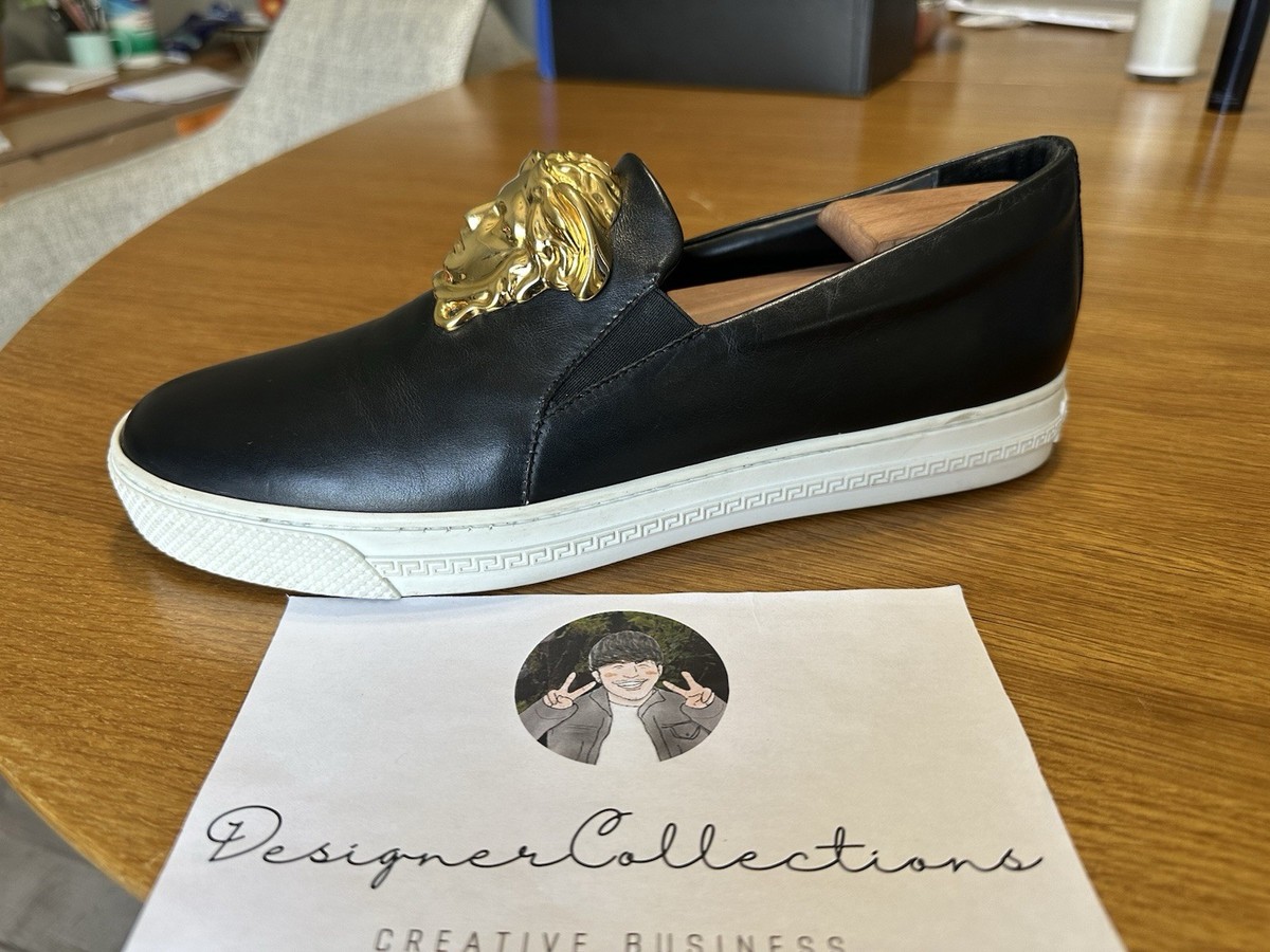 EUC Versace Collection Espresso Leather Slip-Ons Sz 10 Primo Leather Loafers Brown,Gold | VERSACE US main image 2