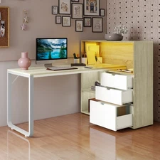 55" L Shaped White & Oak Gaming Desk Corner Desk with Power Outlets & LED Lights