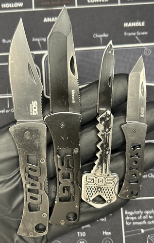 Lot of 4 SOG Micron II Tanto & Clip Point, Micron Tanto + Keychain Knives VGUC