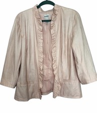 Chicos Size 2 Pale Pink Snake Print Ruffle Trim Lined Blazer Open Front Jacket