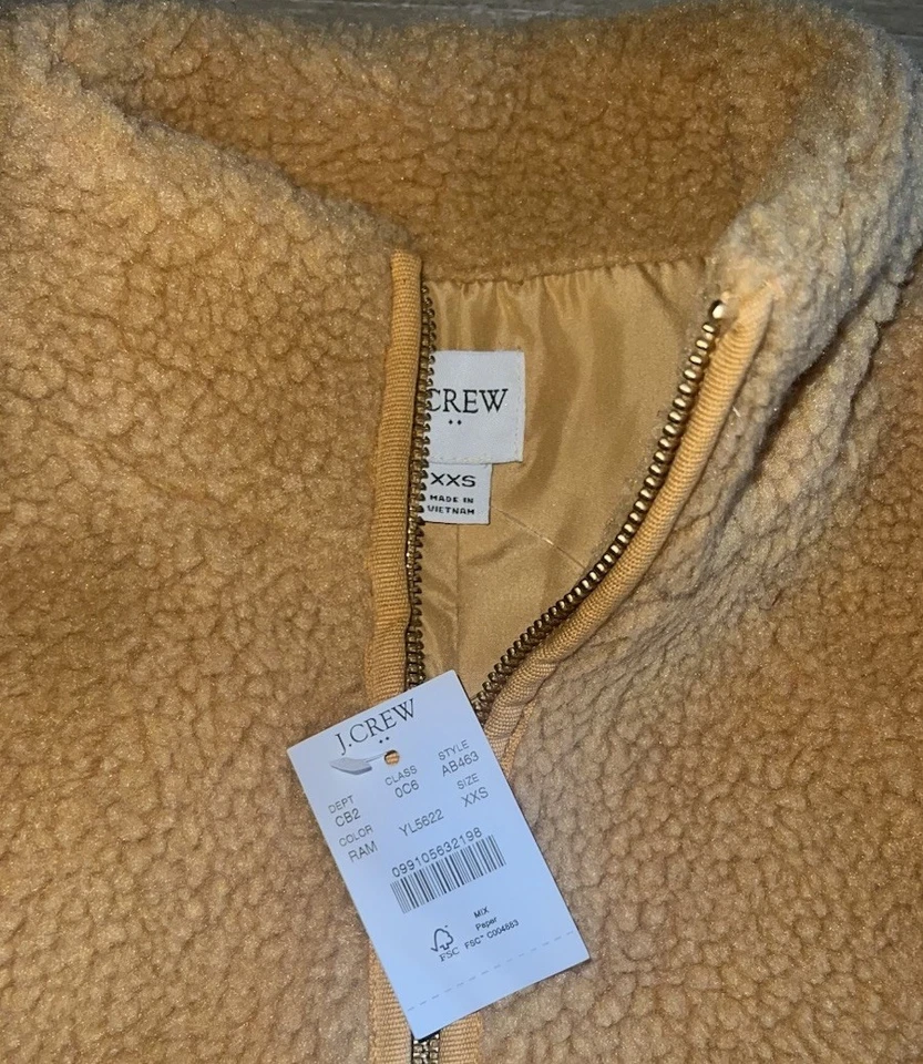 NWT J. Crew Women’s XXS Sherpa Vest Yellow Mustard Tan Color - Gold Accents NEW! - Image 3 of 4