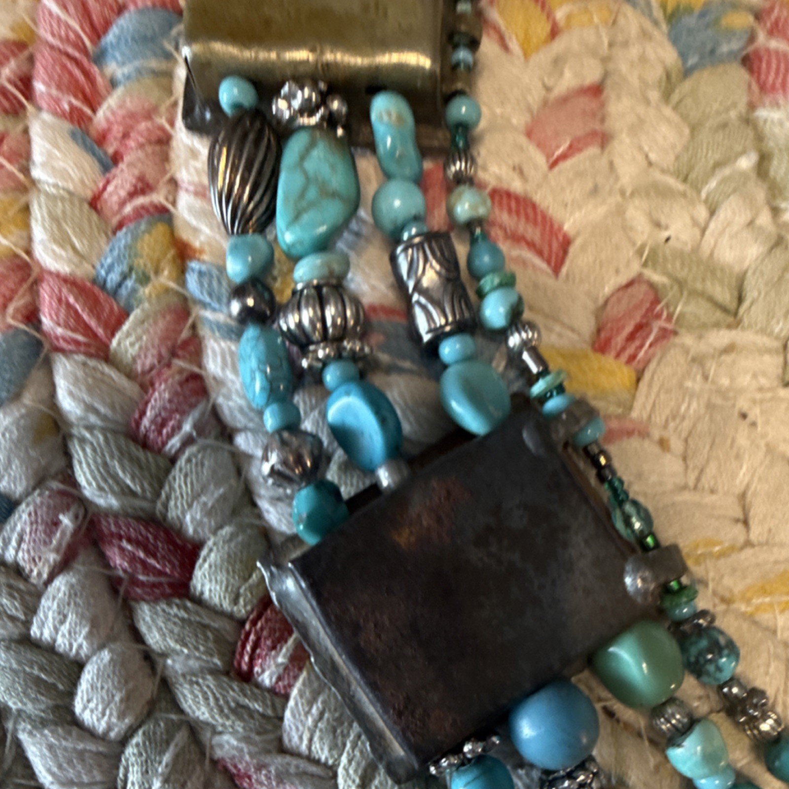 Beaded Necklace Turquoise Rectangular Silver Pend… - image 9