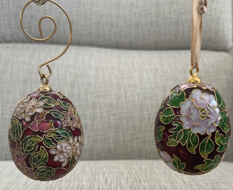 Vintage Cloisonné Enamel Egg Christmas Ornaments Set Of 2 Red Green Gold Floral 