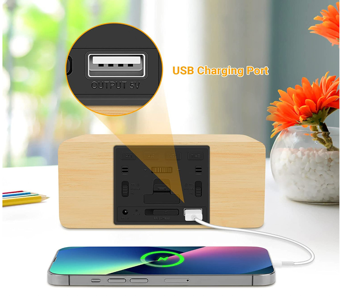 Modern Wooden Wood Digital LED Desk Alarm Clock Wireless Charger BNIB FREE SHIP