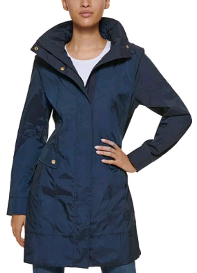 NWT COLE HAAN Back Bow Indigo Blue Packable Hooded Raincoat 54163 Size LARGE