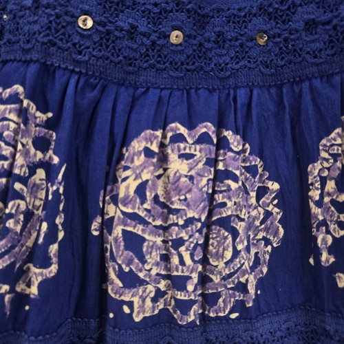 Vtg Phool Crinkle Maxi Skirt Medium Blue Batik Lace Sequin Tiered Bohemian Gypsy - Picture 7 of 16