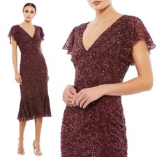 Mac Duggal size 10 Sequin Vneck Flutter Sleeve Midi Burgundy 10801 Garnet Dress