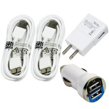 2x Charging Kits - USB 3.0B Cords + Wall & 10W Car Chargers for Samsung Note