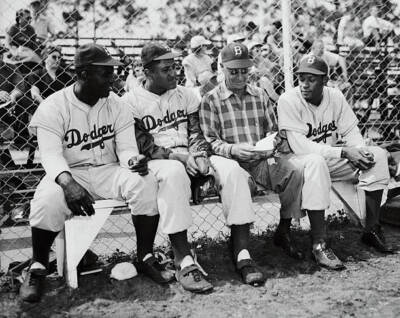 Dodgers Teammates Sitting By Fence 1950 Old Baseball Photo
