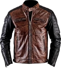 Mens Cafe Racer Biker Real Leather Jacket Black & Brown Soft Sheep Skin Leather