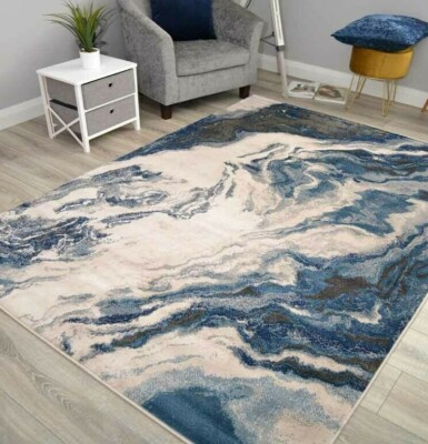 Dark Navy Blue Rugs Marble Look Small Extra Large Easy Clean Soft Floor Carpets